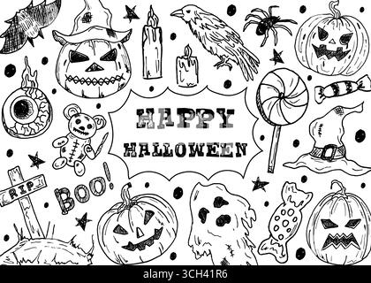 A frame with a set of illustrations for Halloween. Scarecrow, pumpkins, ghost, raven, grave, bat, candy, dolls, spiders. A set of design elements in the form of a rectangular frame with space for text Stock Vector