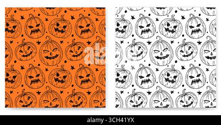 A collection of seamless Halloween drawings with spooky pumpkins and stars, monochrome illustrations on a white and orange background in a scribble style. Packaging design. Smiling pumpkin monsters. Stock Vector