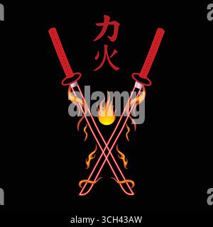 Swords with flames and red neon Stock Vector
