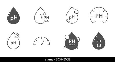Ph icon, line simple set. Neutral balance skin, thin line web symbol. Drop with PH symbol. certified, tested products for skin, hair and food. Healthcare cosmetic natural . Vector illustration Stock Vector