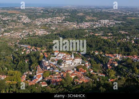 Sintra countryside landscape with National Palace of Sintra in town of Sintra, Portugal. Stock Photo