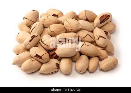 Pecan-nut in a shell isolated on white background. Top view. Stock Photo