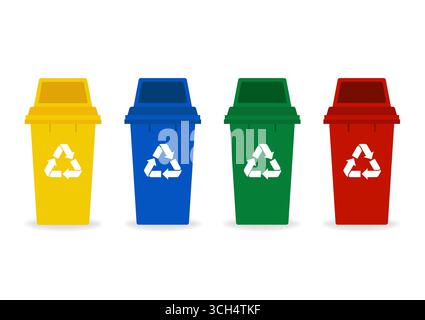 Recycling Bins Set. Garbage bins in 4 Different Color. Trash bins containers. Vector Illustration Isolated on White Background Stock Vector