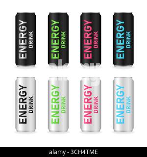 Energy Drink Can Set. Vector Illustration Isolated on White Background. Stock Vector