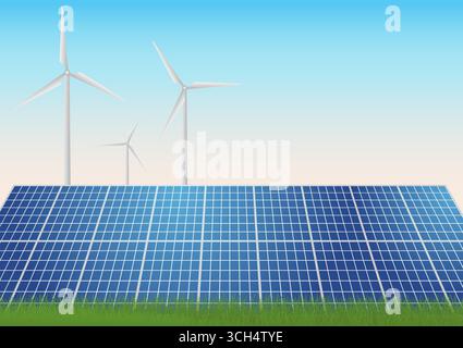 Solar Cell. Solar Panel on Roof with Wind Turbine. Renewable Energy Sources. Clean and Green Energy. Stock Vector