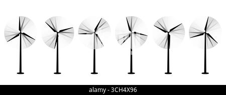 Set of Wind turbines, windmill, wind generator silhouette. Vector Illustration isolated on white background. Stock Vector