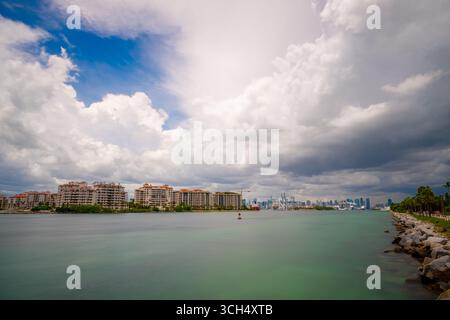 Storms over Miami Beach. Summer scene showing inlet to Port Miami and Fisher Island Stock Photo