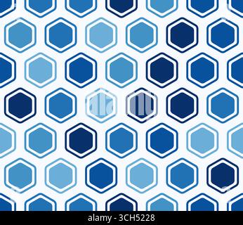 Abstract template background. Bold rounded hexagons mosaic cells with padding and inner solid cells. Blue color tones. Large hexagon shapes. Stock Vector