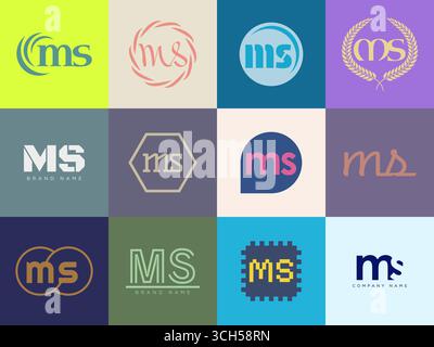 MS logo company template. Letter m and s logotype. Set different classic serif lettering and modern bold text with design elements. Initial font typog Stock Vector