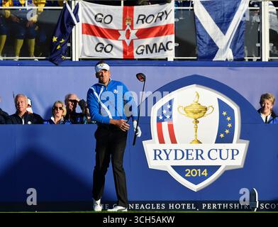 Sep 26, 2014;  Gleneagles, Perthshire, SCT; European Ian Poulter tees off at the first during the morning fourballs for the 2014 Ryder Cup at The Gleneagles Hotel-PGA Centenary Course. Stock Photo