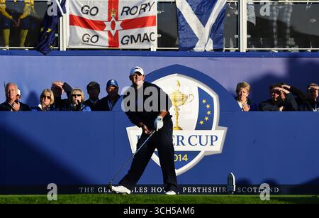 Sep 26, 2014;  Gleneagles, Perthshire, SCT; American Patrick Reed watches his first tee shot during the morning fourballs for the 2014 Ryder Cup at The Gleneagles Hotel-PGA Centenary Course. Stock Photo