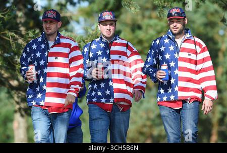 Sep 26, 2014; Gleneagles, Perthshire, SCT; American fans   at the side of the13th fairway on day one of the 2014 Ryder Cup at Gleneagles Resort - PGA Centenary Course. Stock Photo
