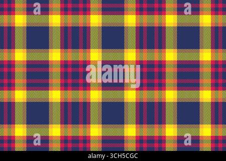 Vibrant plaid pattern featuring intersecting lines of yellow, red, and blue, creating a bold and eyecatching textile design. Ideal for backgrounds, ap Stock Vector