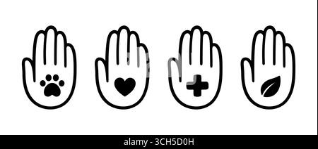 Hand icon with different symbols for charity and volunteering, logo design elements. Medical, animal, social, nature. Vector illustration set. Stock Vector