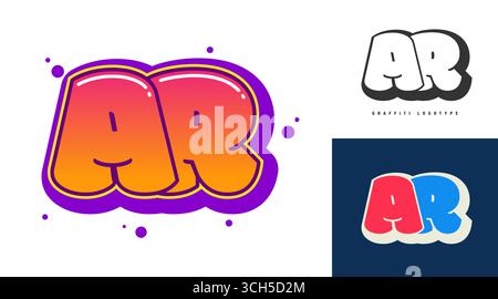 AR logo design for festival or party. Initial letter a and r in graffiti style. Creative modern lettering company name of font typography. Kids trendy Stock Vector