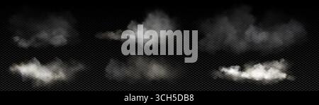 Fog, smoke, white smog clouds on the floor, morning fog over the ground or water surface, perspective. Created by Grid toll, transparent Realistic 3D Stock Vector