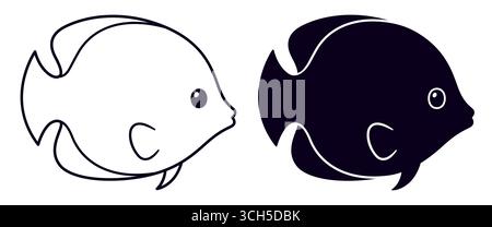 Cartoon Butterflyfish drawing in cute simple style. Black and white silhouette and line art for coloring. Tropical fish vector illustration. Stock Vector