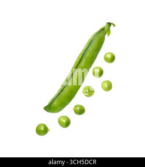 Green peas isolated on white background. Falling sweet green peas, with clipping path Stock Photo