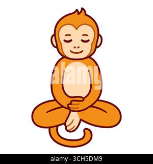 Monkey sitting in meditation, cartoon drawing. Cute funny macaque meditating in lotus position, vector clip art illustration. Stock Vector