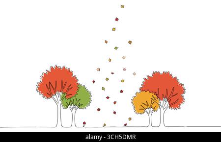 Autumn trees with falling leaves continuous one line drawing of nature tree vector illustration Editable stroke. Stock Vector