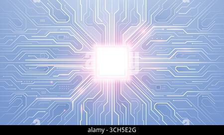 AI chip glows bright white and pink neon light. Tech background.  Stock Vector