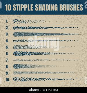 Ink scatter brush, stipple drawing and texturing. Fading gradient. Stippling, dotwork drawing, shading using dots. Halftone disintegration effect Stock Vector