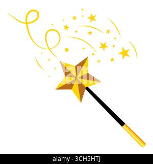Magic Wand with Golden Star and Sparkling Effects Illustration. A magic wand with a golden star tip, surrounded by sparkling stars, glowing swirls. Stock Vector