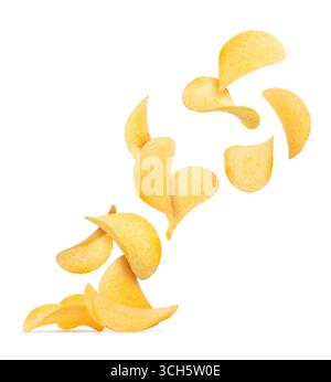 Potato chips fly out of the pile with chips on a white background Stock Photo