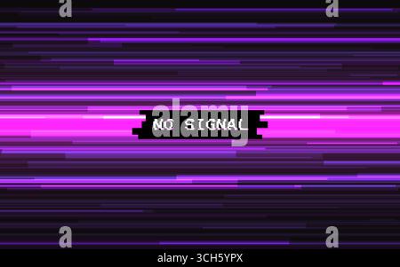 Glitch no signal background. Purple bright lines and retro text in center. Abstract noise effect. Video error visualization. TV problem template. Gami Stock Vector