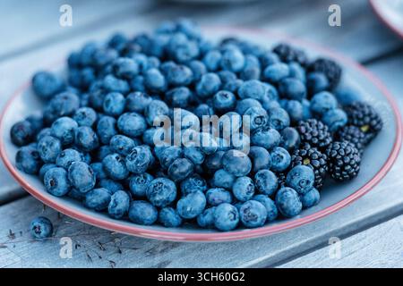 A close-up of fresh blueberries and a few blackberries served on a plate on a white wooden table, highlighting their natural texture and vibrant blue Stock Photo