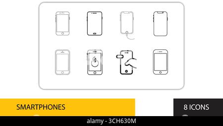 Eight Minimalist Smartphone Icons: Outline Style, Modern Device Illustrations, Clean Design Stock Vector