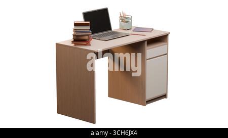 3D rendered image of a student desk with stacked books and pencil holder on top, isolated on a plain white background. Great for school, learning, and Stock Photo