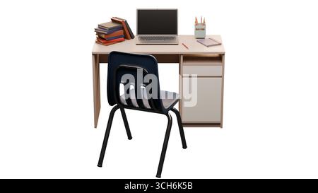 3D rendered school desk with laptop, stacked books, pencil holder, and chair neatly arranged on top, isolated against a white background. Perfect for Stock Photo