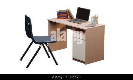 Rendered school desk with laptop, stack of books, pencil holder, and chair placed neatly, isolated against white background. Perfect for educational, Stock Photo
