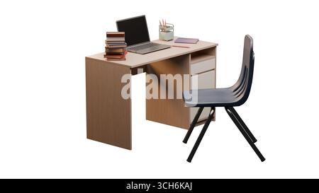 3D rendered school desk with laptop, stacked books, pencil holder, and chair in side view, isolated on white background. Ideal for academic, education Stock Photo