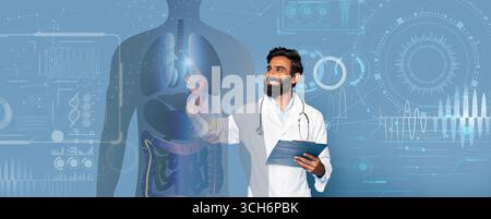 Doctor showcasing modern healthcare innovations and technology in a collage Stock Photo