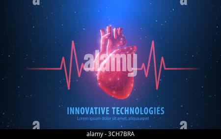 Heart. Abstract 3d vector human heart isolated on blue with red cardio pulse line. Stock Vector