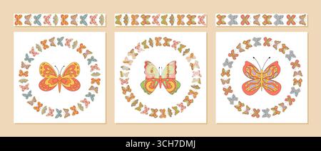 Groovy Retro Butterfly Seamless Border Set Stock Vector