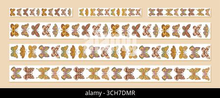 Groovy Seamless Border Butterfly Pattern Set Stock Vector