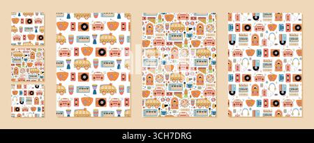 Groovy Retro Music Seamless Pattern Set Stock Vector