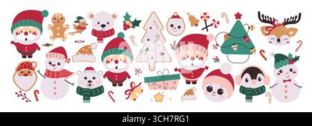 Christmas elements clipart set. Christmas elements with Christmas characters cute and funny flat icon clip art collection for December celebration Stock Vector