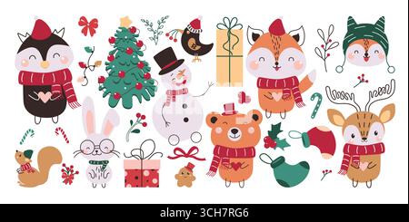 Christmas Elements clipart set. Christmas flat elements clip art with cute Christmas characters like penguin, snowman, fox, bear and bunny Stock Vector