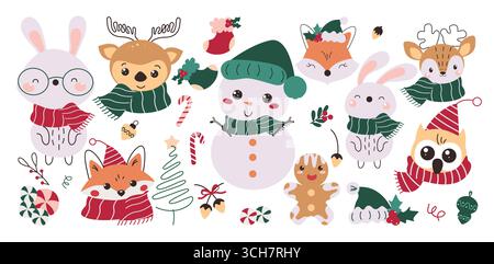 Christmas characters clipart set. Christmas characters and Christmas elements clip art doodle animals symbol decoration with cute and happy face Stock Vector