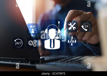 Concept showing customer support service digital icons representing 24/7 assistance, technical help, problem solving, business solutions, communicatio Stock Photo