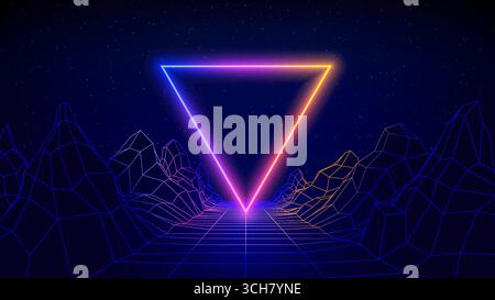 Retro futuristic abstract background. Synthwave 80s style, neon color, laser grid. Shining triangle, mountain. 3d dark blue backdrop, digital template Stock Vector