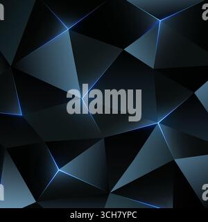 Dark low poly metal background. Abstract geometric backdrop with triangle. Concept of innovation. Bright lines of backlight. Blue triangles background Stock Vector