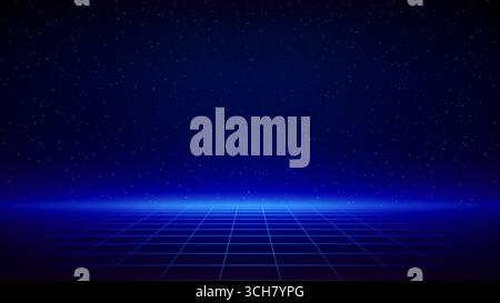 Retro futuristic laser, neon grid background. Synthwave 80s style, neon color. Futuristic 3d dark blue backdrop, geometric sci-fi digital template Stock Vector