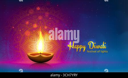 Happy diwali vector greeting card. Festive diwali card. Banner, poster design template with lamp, golden lights. Blue magenta colorful background Stock Vector