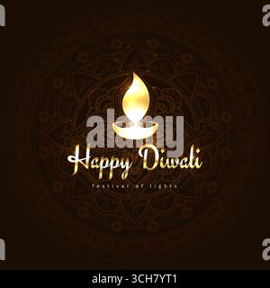 Happy diwali vector holiday greeting card. Diwali festive card with golden lamp symbol. Gold icon. Design template on dark brown background mandala Stock Vector