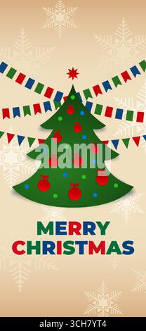 Merry christmas, happy new year greeting card, wallpaper. Christmas tree, garland, snowflake. Creative design for postcard, invitation, greeting card Stock Vector